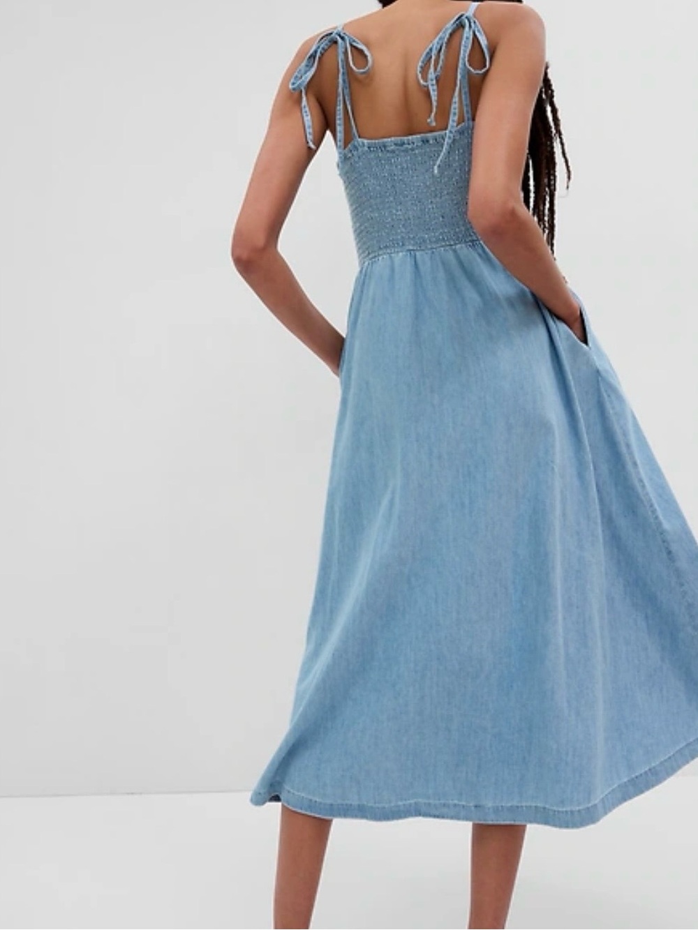 GAP 100% Cotton Denim Midi Dress with Smocked Bodice - Picture 2 of 6